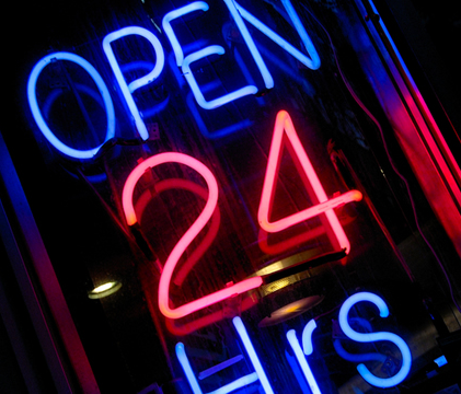 open 24 hours; available